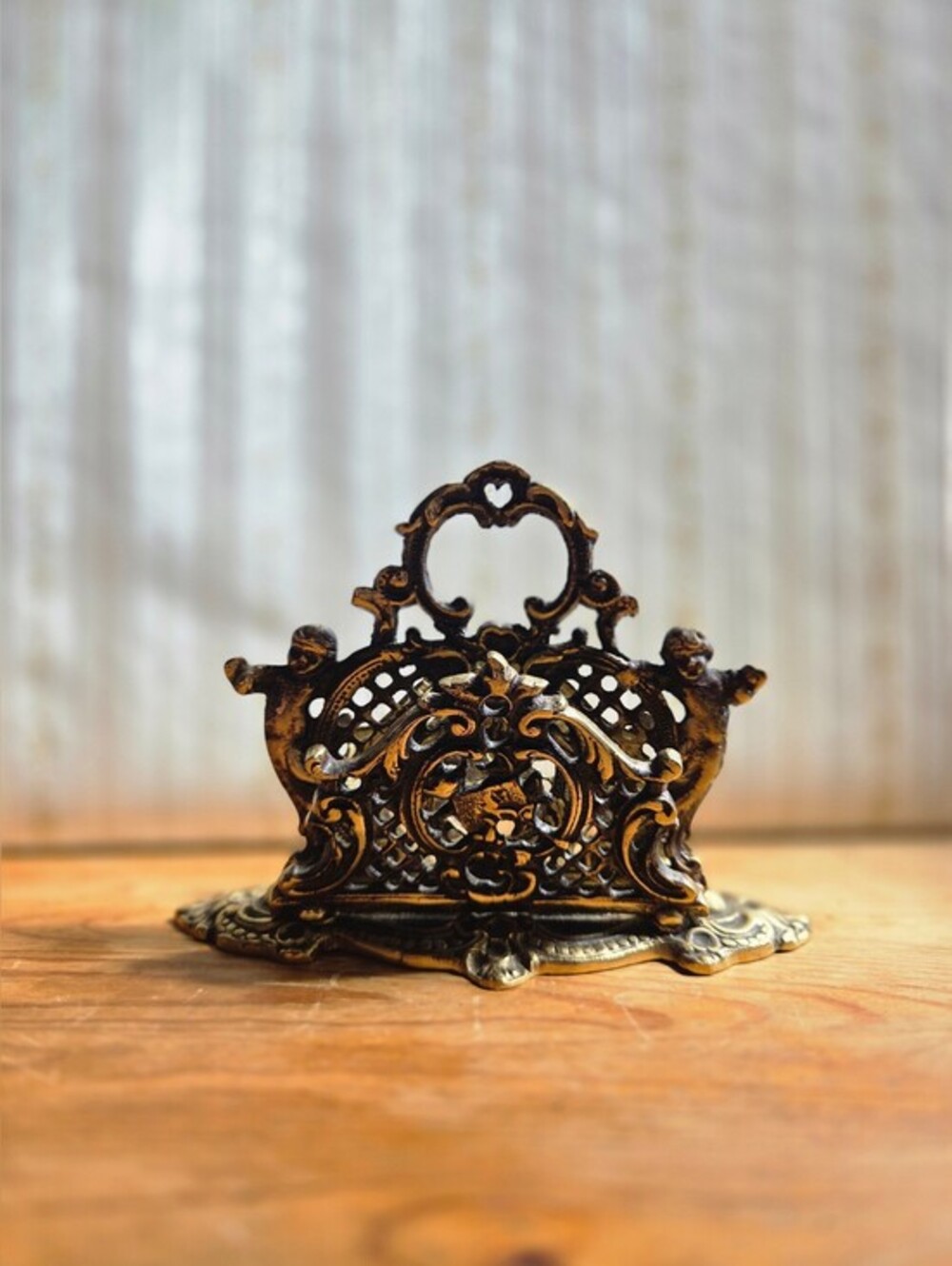 Vintage Brass Art Nouveau Letter Holder Napkin Holder Filigree Cherub 1960s